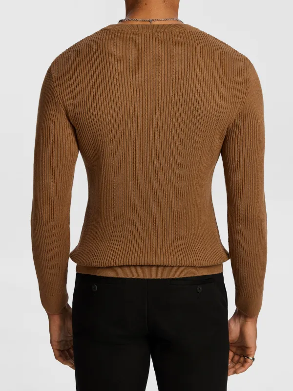 Brown Ribbed Knit Sweater