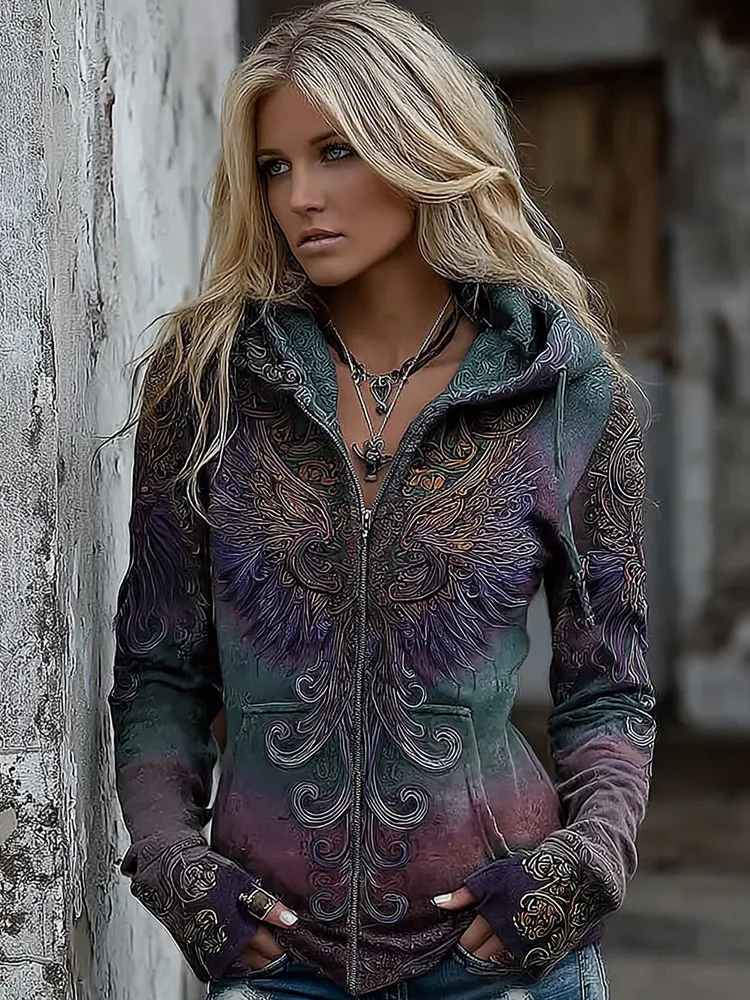 Women's Viking Mythology Phoenix Embroidery Comfortable Warm Zipper Hoodie