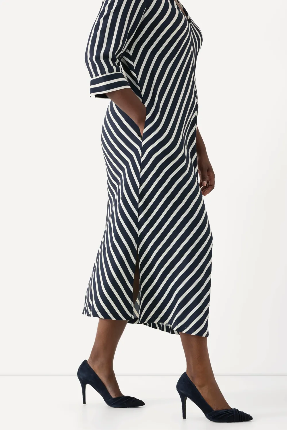 Midikleid Streifen A-Linie V-Ausschnitt 3/4-Arm