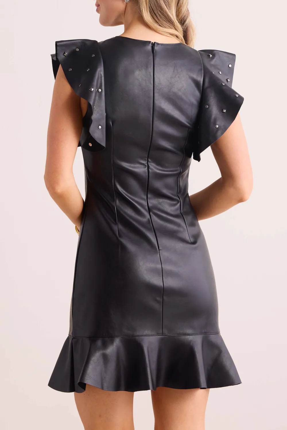 Black Faux Leather Ruffled Hem Sleeveless Dress
