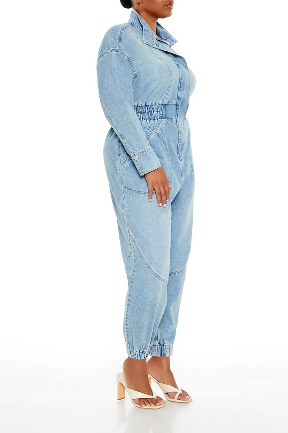 Plus Size Denim Funnel-Neck Jumpsuit