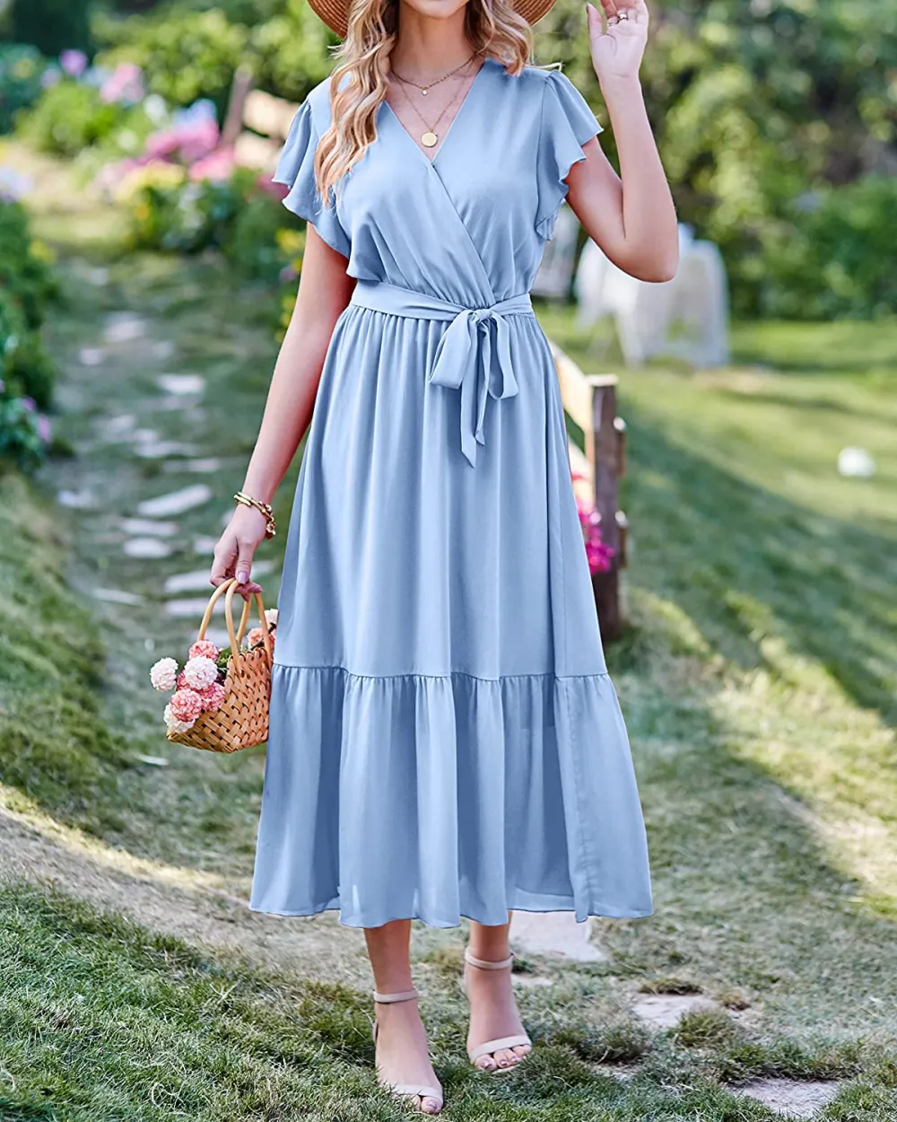 Women Summer Bohemian Floral Casual Wrap V Neck Ruffle Cap Sleeveless Belt A-Line Pleated Hem Swing Midi Sun Dress