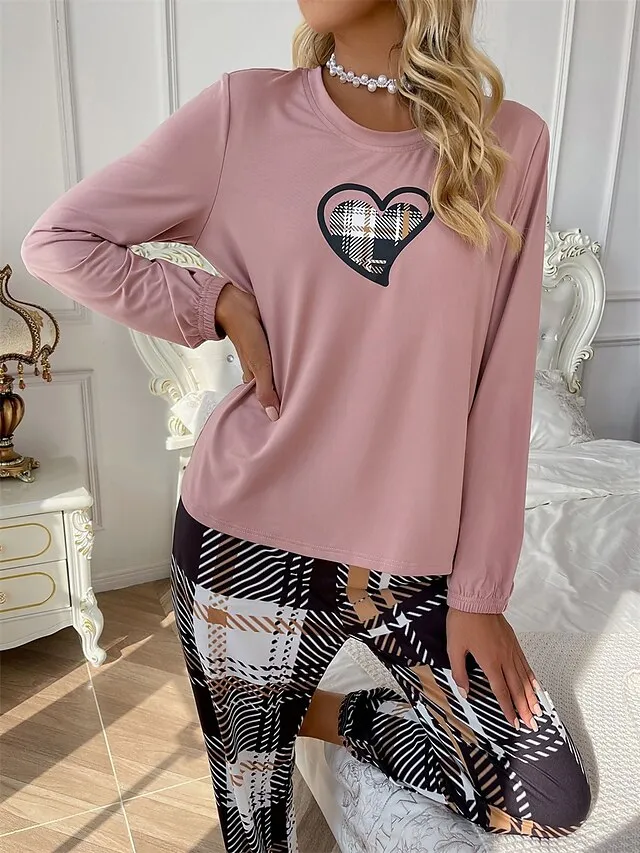 Women's Loungewear Sets Heart Grid / Plaid Simple Casual Comfort Home Daily Bed Polyester Breathable Crew Neck Long Sleeve T shirt Tee Pant Fall Winter Lotus Pink