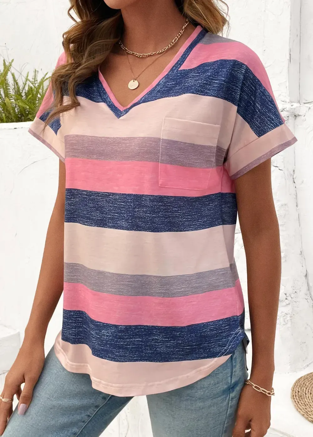 Multi Color Pocket Striped Short Sleeve T Shirt