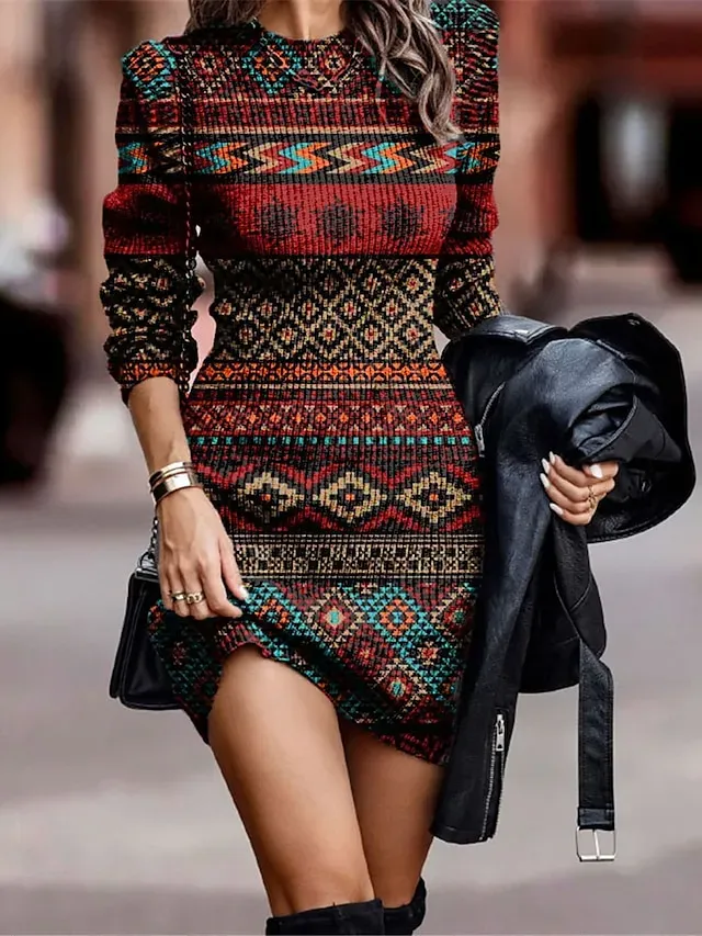 Women's Sweater Dress Jumper Dress Winter Dress Mini Dress Warm Casual Tribal Outdoor Casual Daily Going out Crew Neck Long Sleeve 2023 Regular Fit Wine Blue S M L XL XXL 3XL