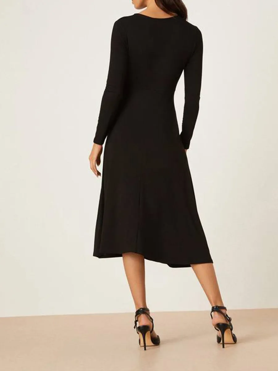 Black Wrap V-Neck Long Sleeve Midi Dress