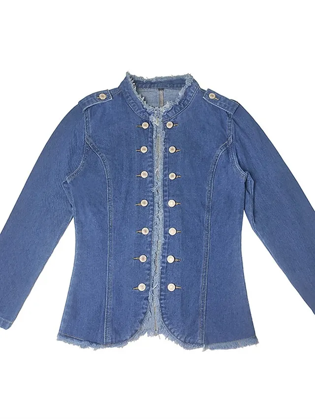 Women's Denim Jacket Outdoor clothing Button Plain Comfortable Streetwear Regular Fit Outerwear Long Sleeve Spring Blue S