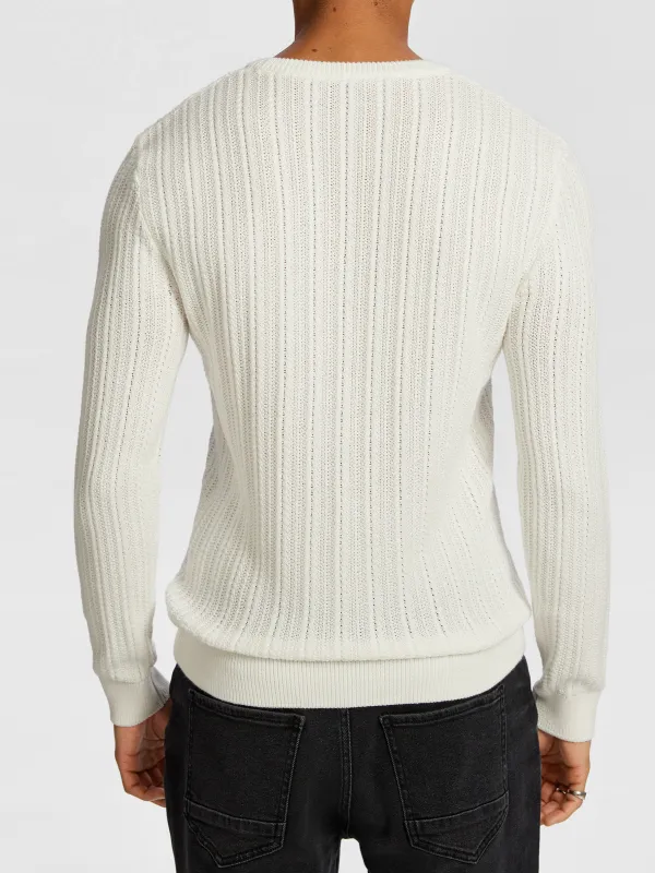 White Textured Knit Crew Neck Sweater