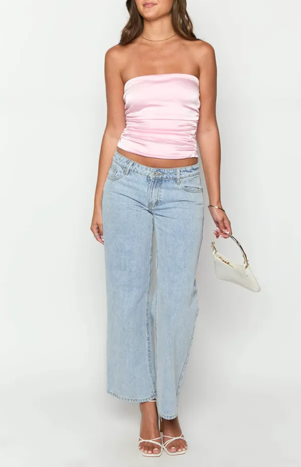 Pink Strapless Satin Ruched Top