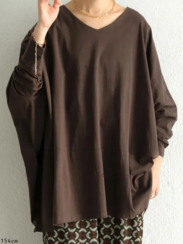Simple Oversize Solid Color V-Neck Batwing Sleeve T-Shirts