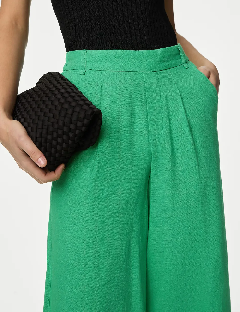 Black Shirred Wide Leg Trousers