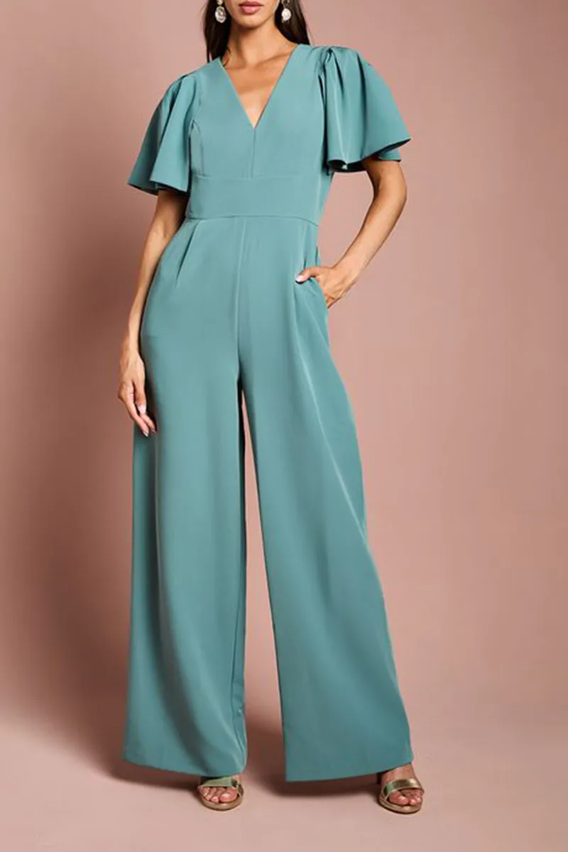 Casual Style Flutter Sleeve Plunge Jumpsuit