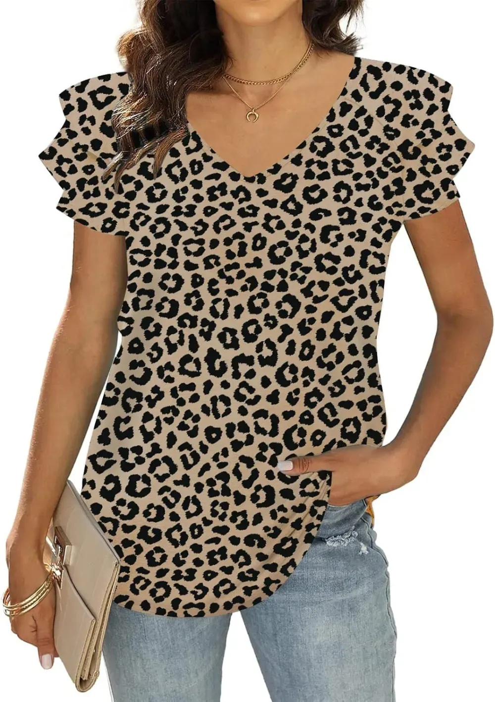 T&Twenties Womens Summer Tops Ruffle Short Sleeve Tunic Tops V Neck Loose Fit Flowy T-Shirts