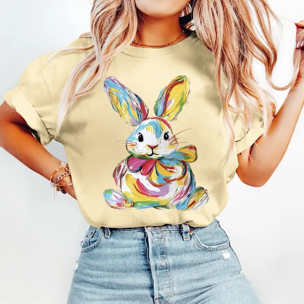 T-shirt Colorful Easter Bunny Women Printed Round Neck Short Sleeve