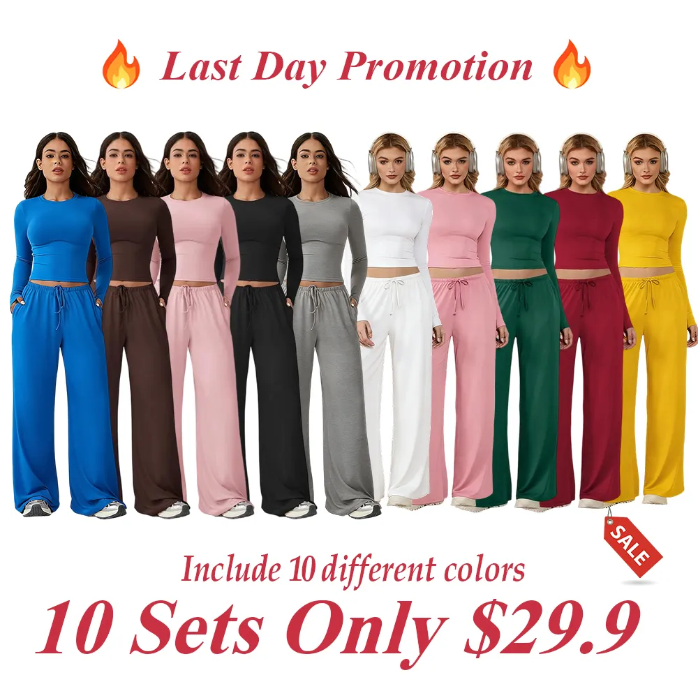Women's two-piece tracksuit set, long-sleeved crop top and wide-leg pants