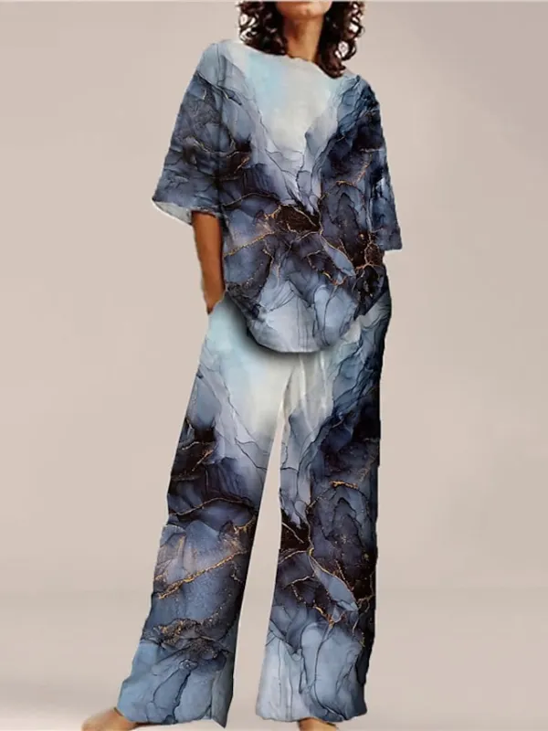 Women's Loungewear Sets Nighty 2 Pieces Gradient Fashion Comfort Home Street Cotton Spandex Jersey Crew Neck Short Sleeve T shirt Tee Pant Spring Summer Green Blue