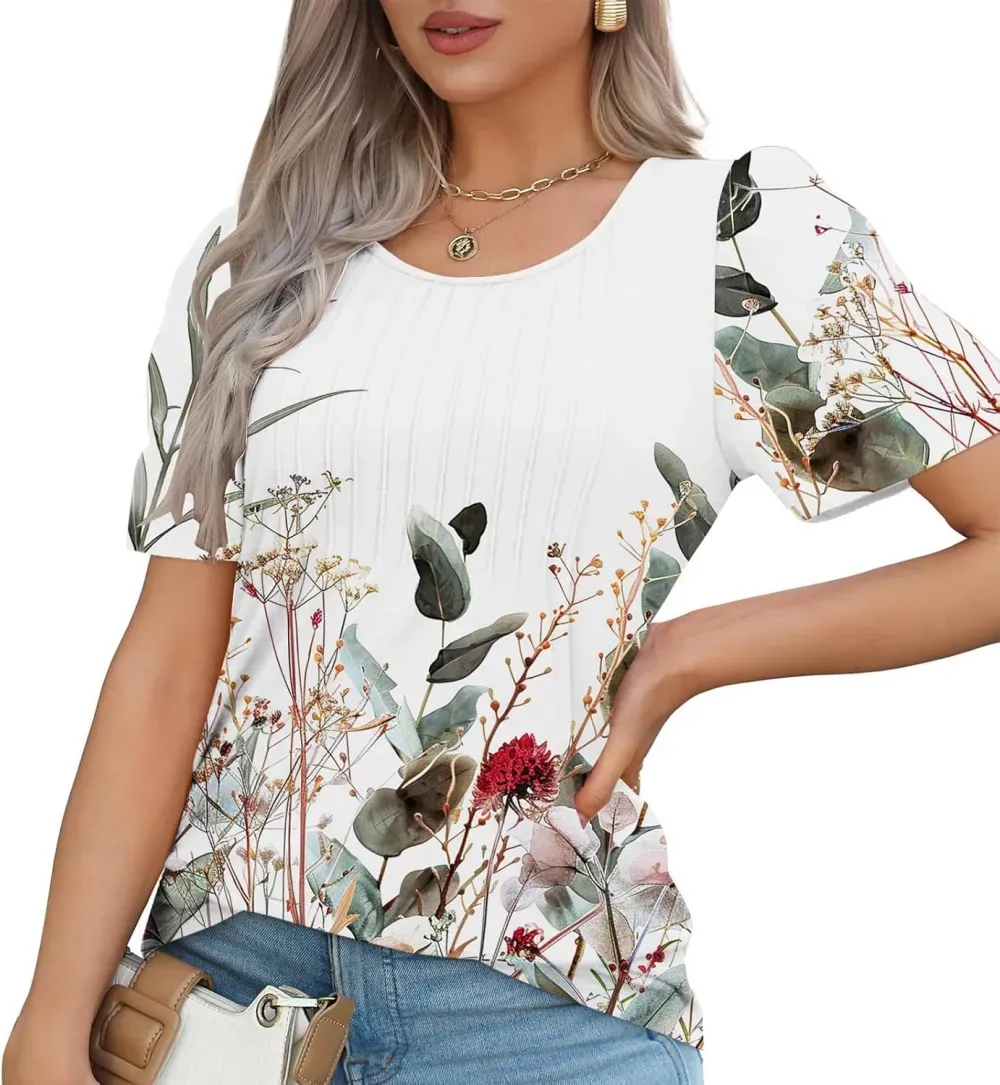 Womens Summer Pleated Front Shirts Tunics Casual Short Sleeved Loose Round Neck Boho Printed Tops Vacation Blouse