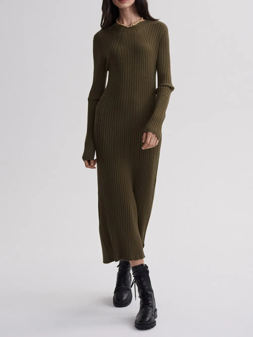 Olive Rib Knit Midi Dress