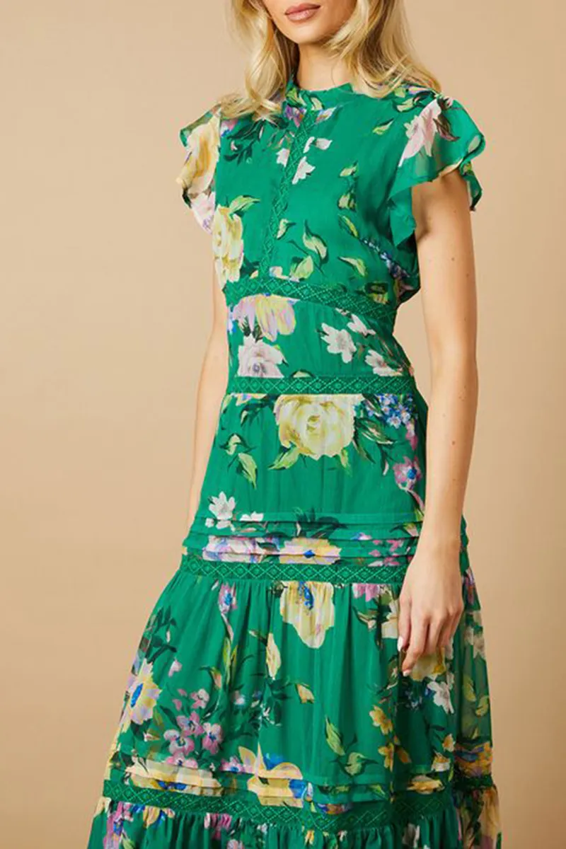 Casual Style Green Floral Printed Insert Dress