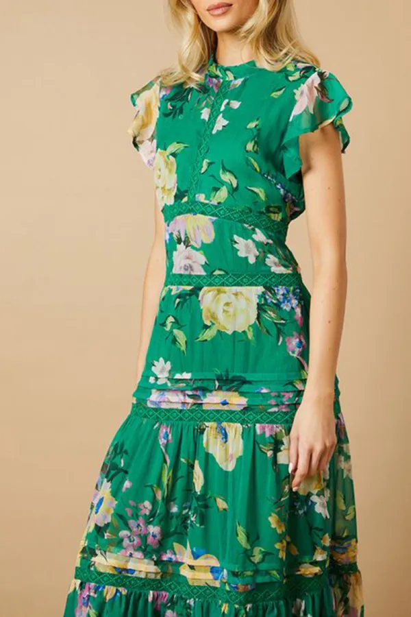Casual Style Green Floral Printed Insert Dress
