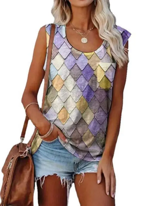 Women's Sleeveless Scoop Neck Chic Printed Tops T-shirts