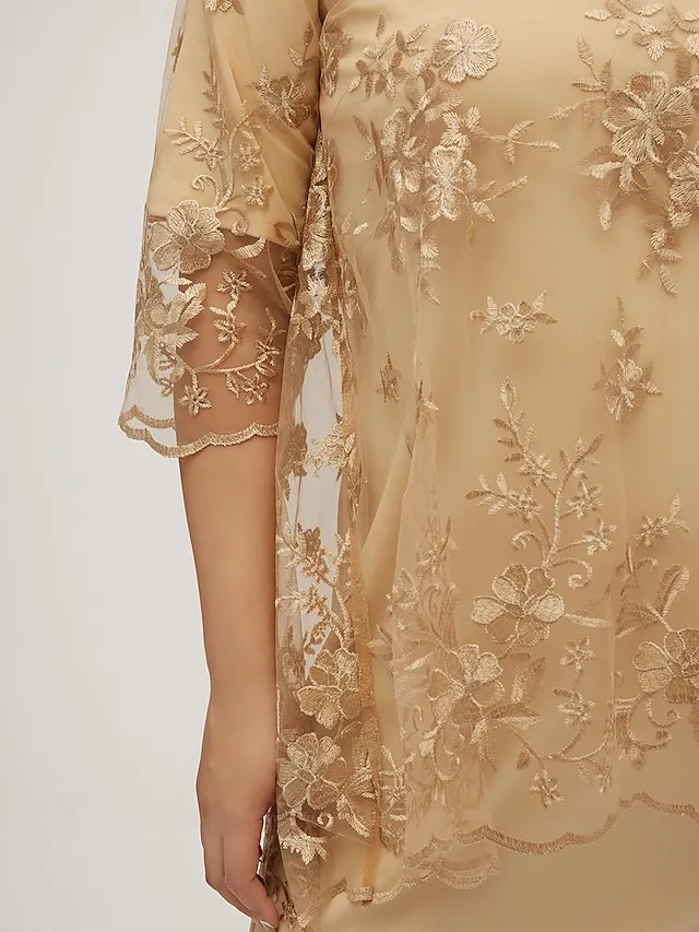 Women‘s Plus Size Party Dress Lace Dress Semi Formal Dress Midi Dress Navy Blue Blue Gold 3/4 Length Sleeve Floral Lace Summer Spring Fall Crew Neck Elegant Party Wedding Guest Dress