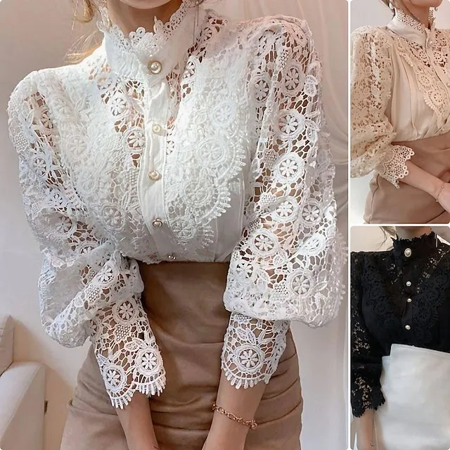 Women's Blouse Solid Colored Black White Apricot Hole Daily Fashion Elegant & Luxurious Elegant Shirt Collar Regular Fit Spring Fall Winter