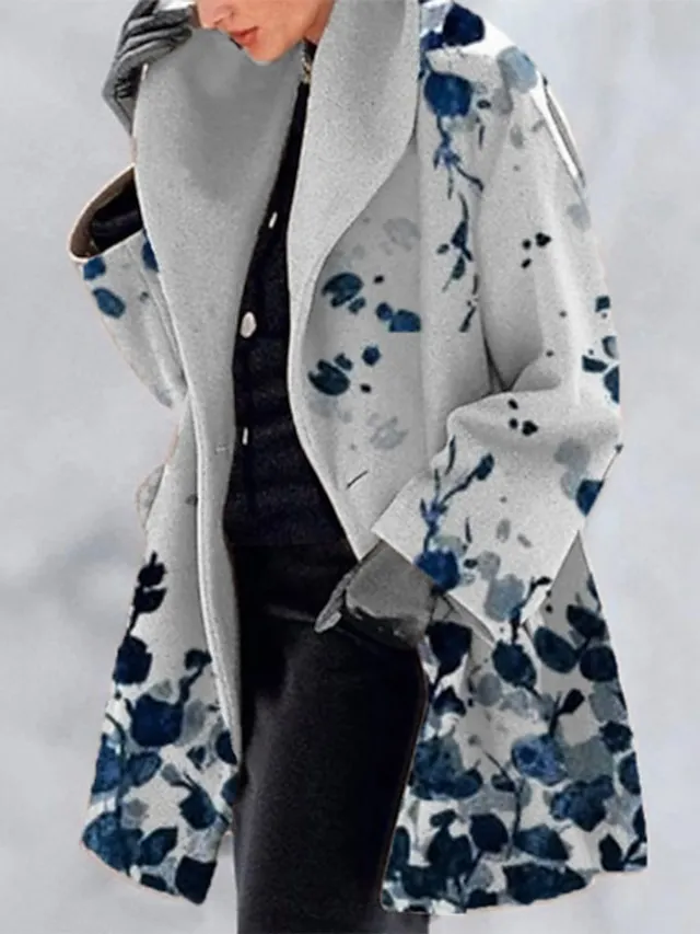 Women's Winter Coat Long Overcoat Floral Print Pea Coat Fall Mid Length Trench Coat Windproof Warm Single Breasted Lapel Wool Blend Jacket