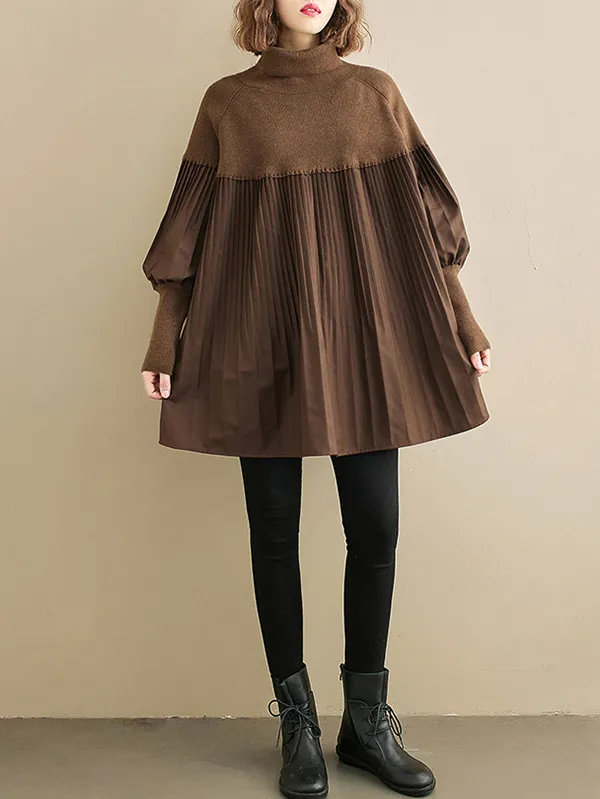 Knitting Pleats Split-Joint High-Neck Pullover Top