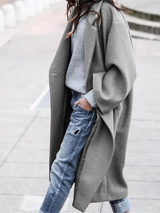 Women's Winter Coat Long Pea Coat with Hood Fall Overcoat Windproof Warm Lapel Trench Coat Oversized Open Front Turndown Fashion Street Outerwear Long Sleeve
