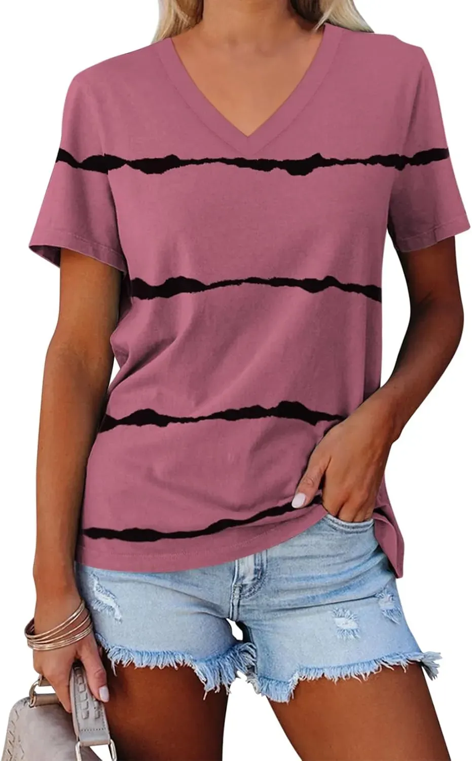 ORANDESIGNE Women's Color Block Short Sleeve T Shirts Casual V Neck Summer Tops Tees Loose Fit Blouses