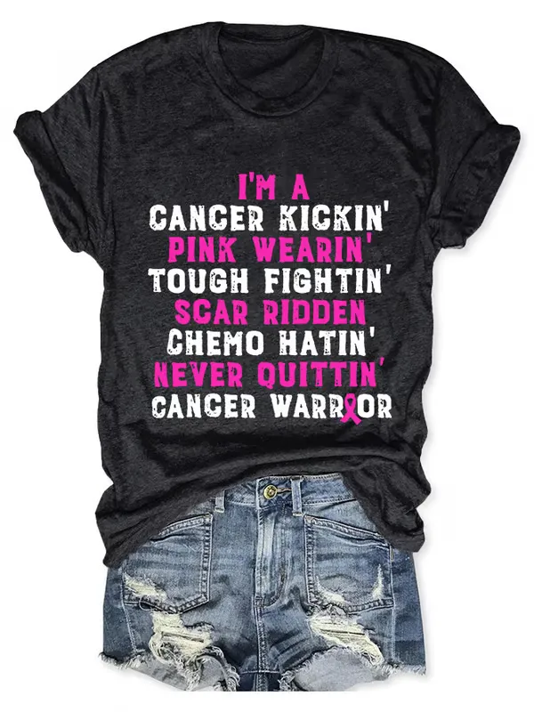 Women'S T-Shirts Breast Cancer Awareness Cancer Kickin' Chemo Hatin' Warrior Print T-Shirt