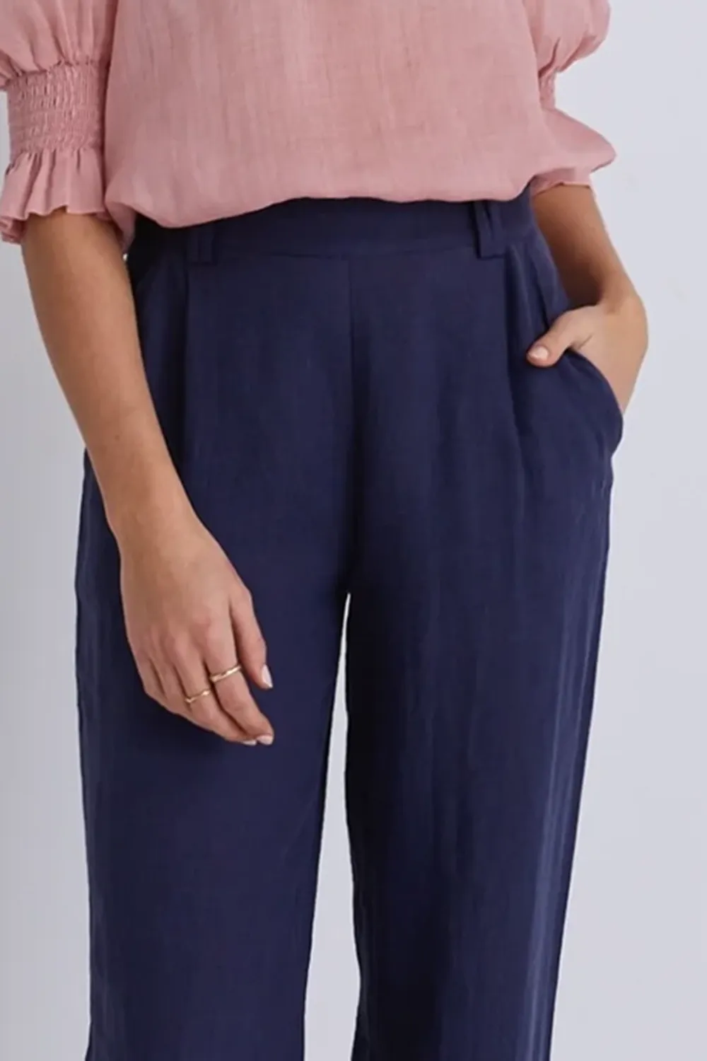 Navy Linen Elastic - Back Wide Pants
