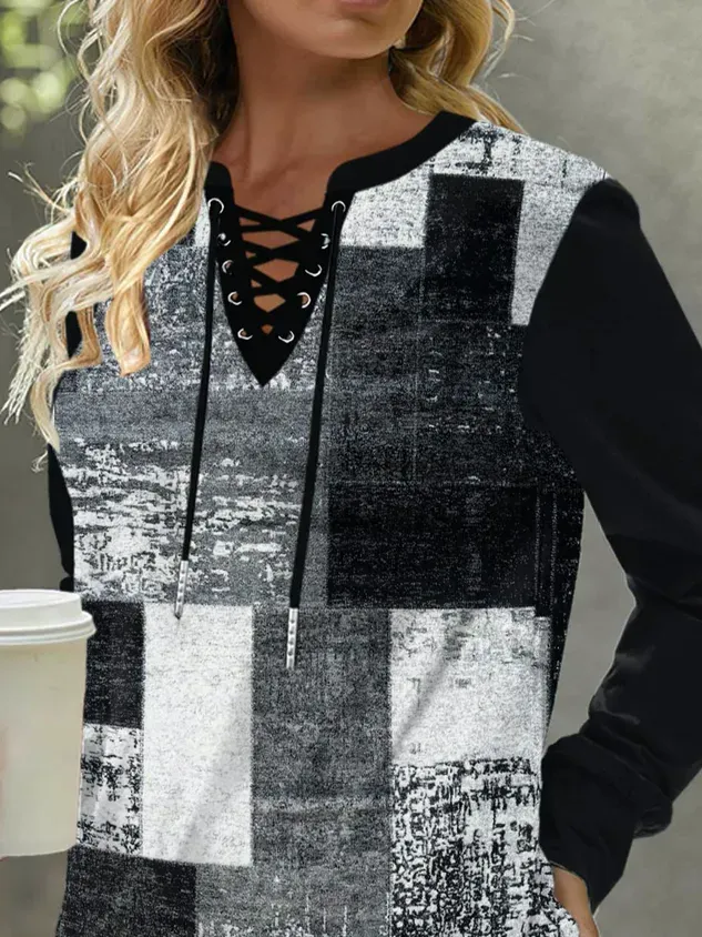 Casual Notched Color Block Sweatshirt