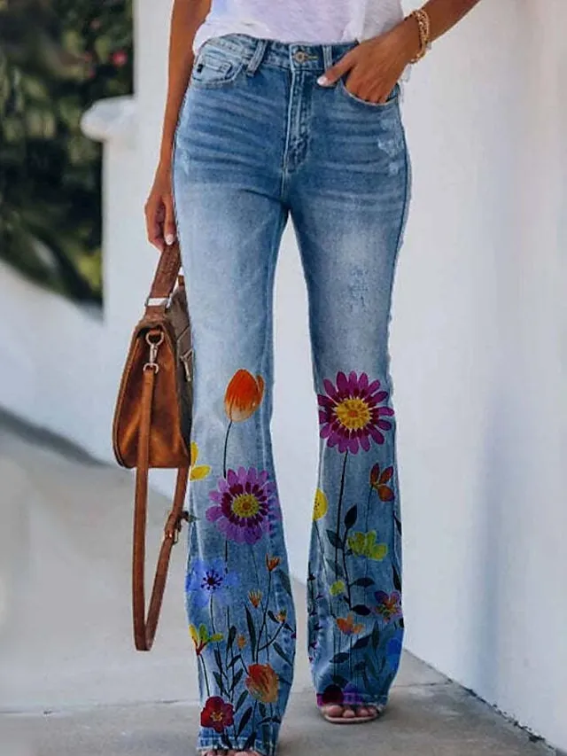 Women's Bootcut Flared Pants Bell Bottom Grey Fashion Casual Daily Full Length Flower / Floral XXL