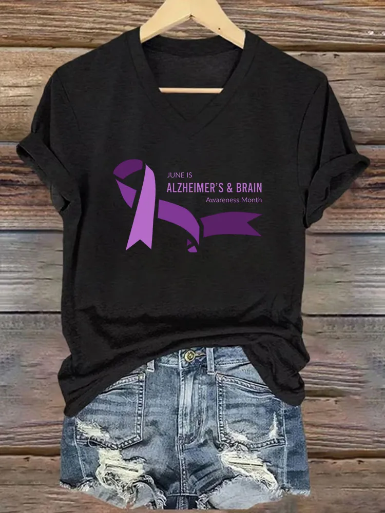 Women's I Will Remember For You Dementia Alzheimer's Disease Awareness Printed V-Neck T-Shirt