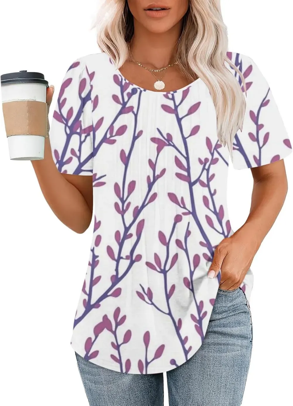 Womens Summer Pleated Front Shirts Tunics Casual Short Sleeved Loose Round Neck Boho Printed Tops Vacation Blouse