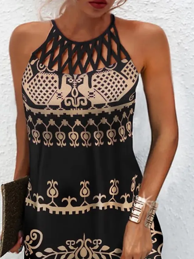 Women's Casual Dress Shift Dress Mini Dress Black Green Dark Blue Sleeveless Floral Ruched Spring Summer Halter Vintage Birthday Daily Ethnic Dress 2023 S M L XL XXL 3XL