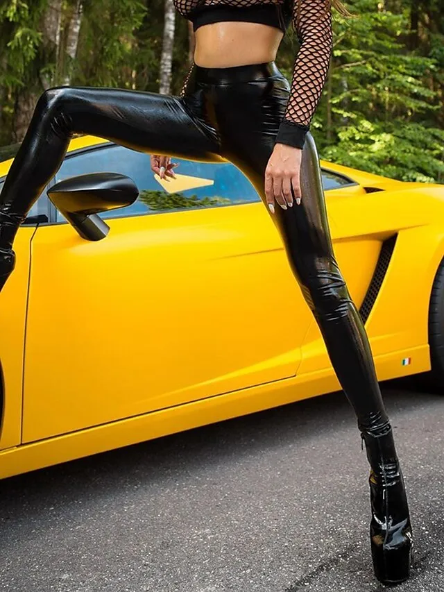 Women's Tights Ankle-Length PU Faux Leather Stretchy High Waist Simple Classic Style Party Work Black Wine S M Spring, Fall, Winter, Summer