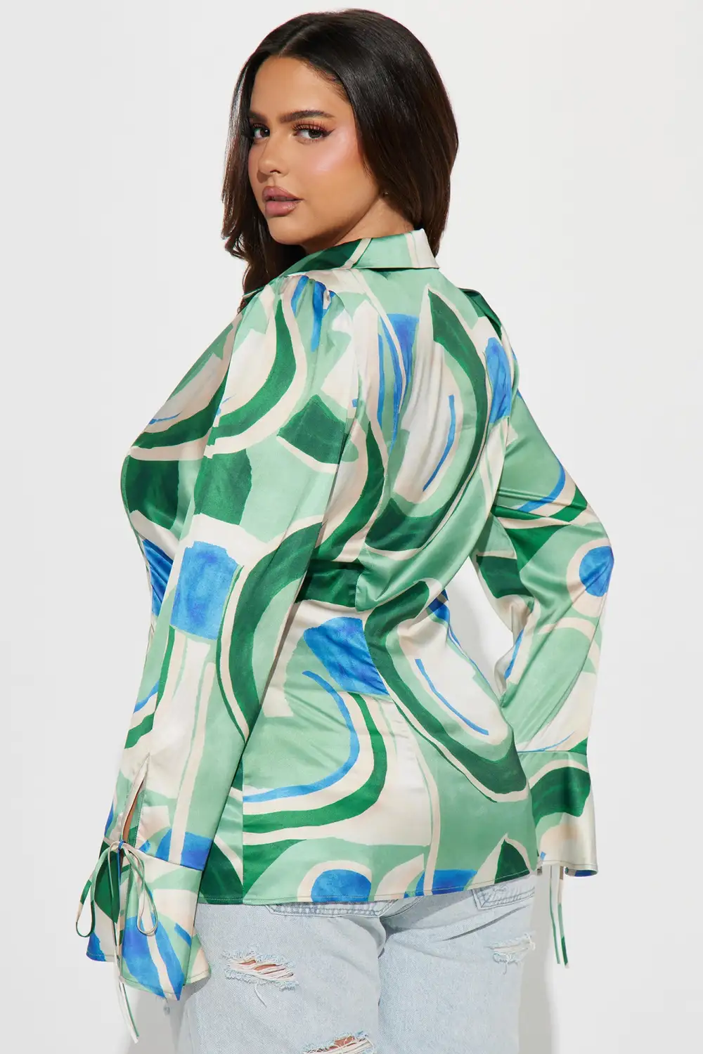 Picture This Satin Blouse Top - Green/combo