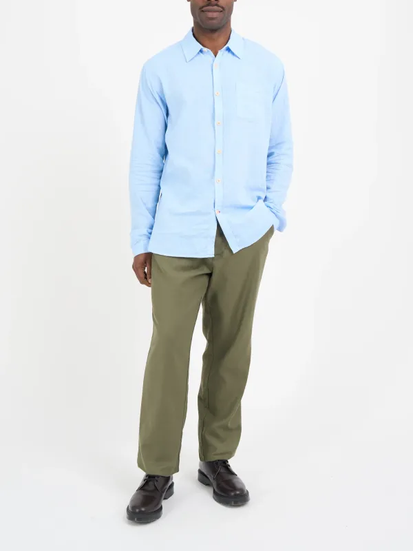 Casual Style Long Sleeve Blue Cotton-Linen Shirt