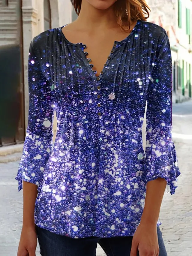 Women's Plus Size Shirt T shirt Tee Blouse Graphic Polka Dot Flower Denim Blue Grass Green Black Button Print Long Sleeve Casual Weekend Basic Round Neck Regular Fit Spring Fall