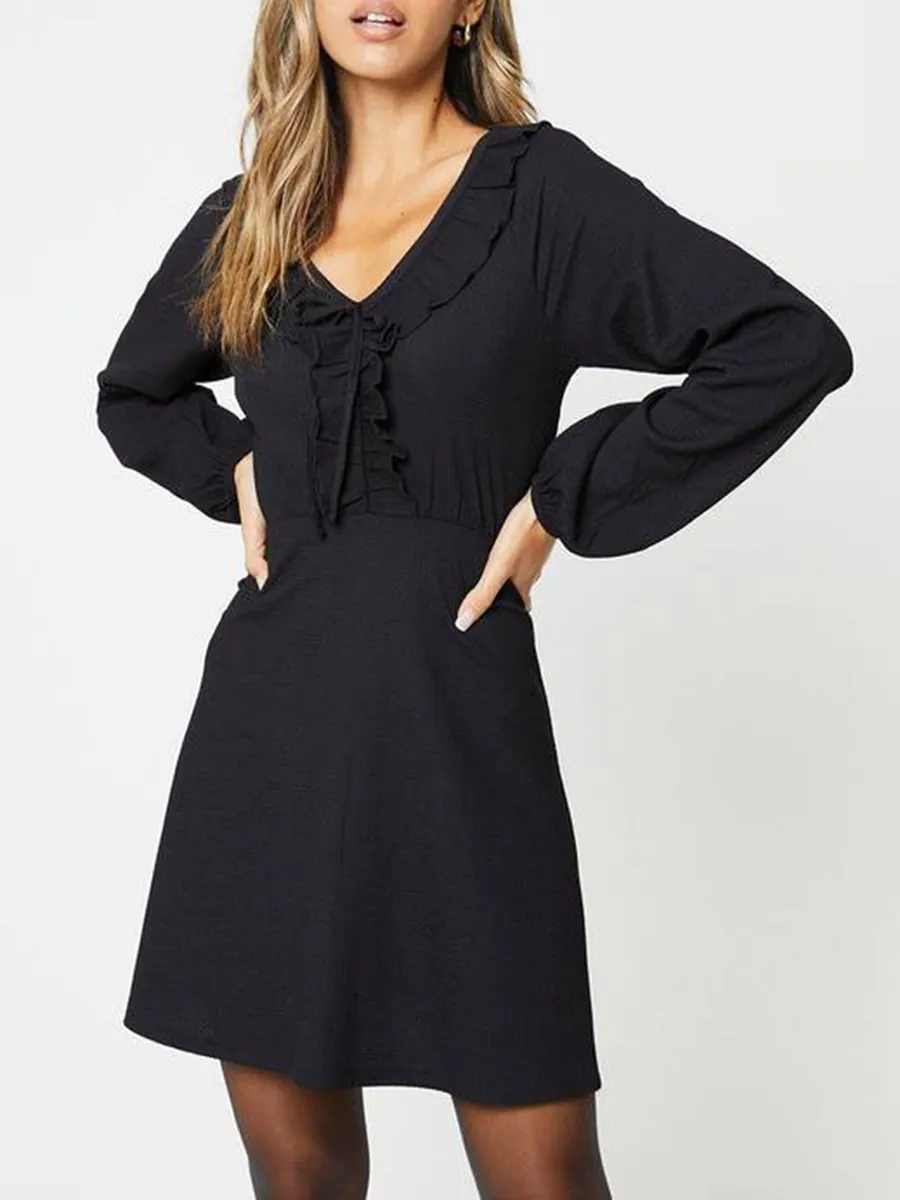 Ruffled V-Neck Long Sleeve Mini Dress