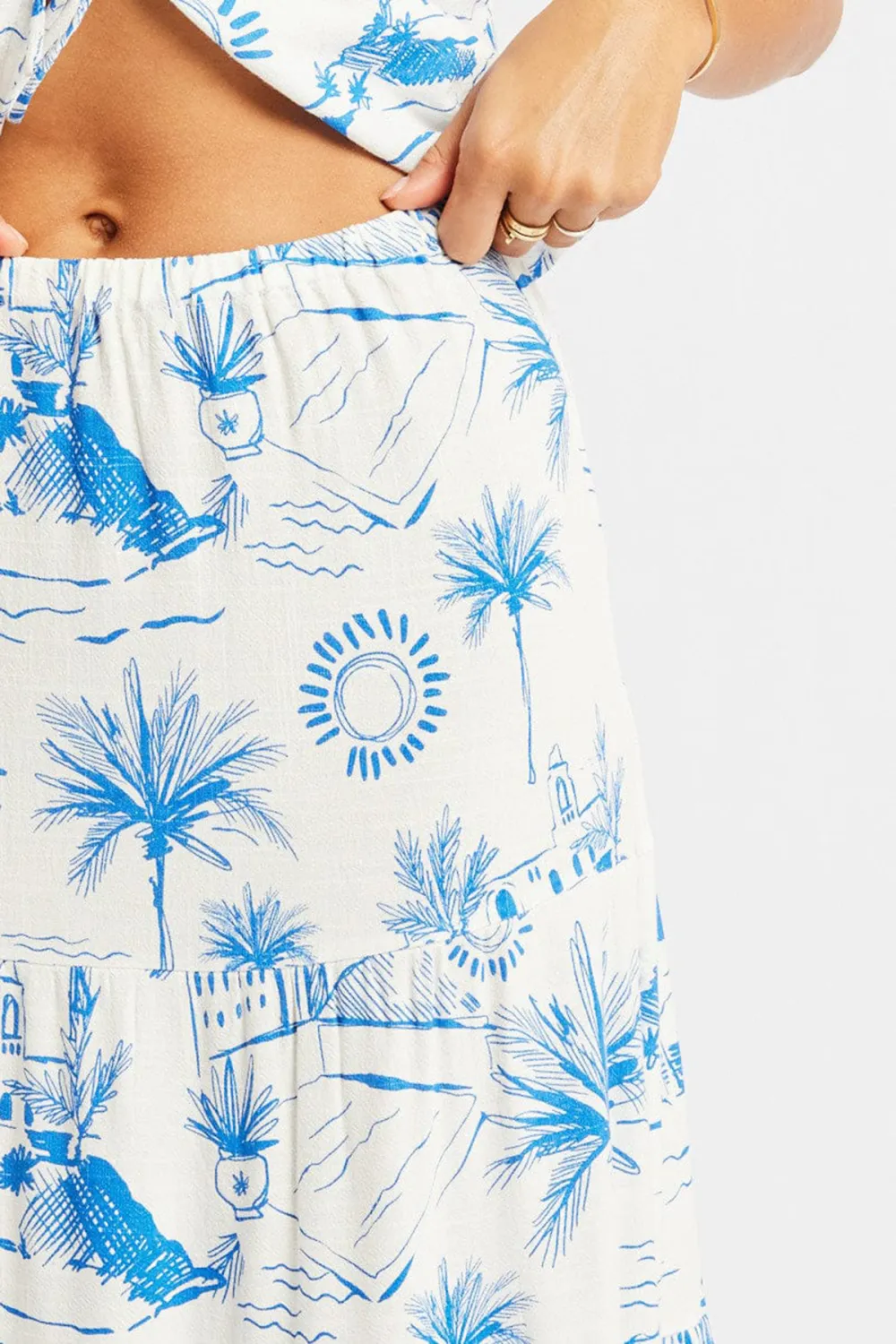 Blue Abstract Maxi Skirt Tiered High Rise Elastic Waistband