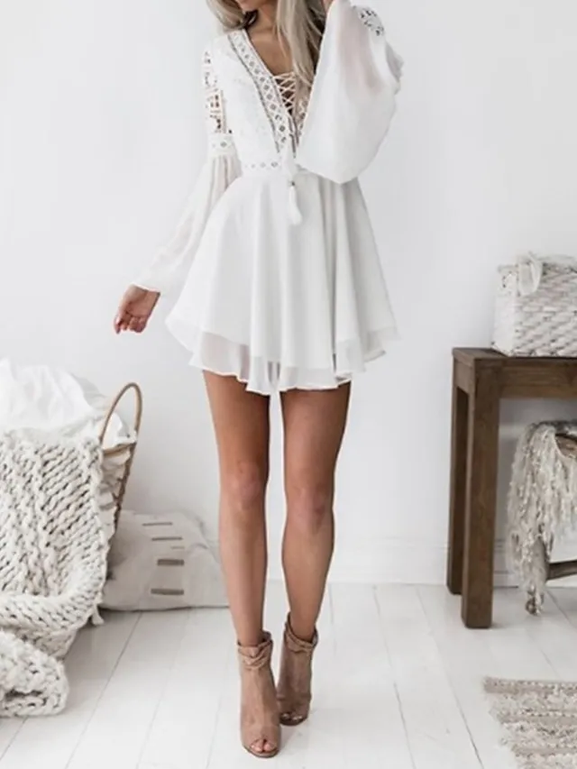 Women‘s Chiffon Dress White Black Long Sleeve Pure Color Tassel Fringe Patchwork Summer Spring V Neck Hot Sexy Fall Dress Slim 2023 S M L XL /Summer Dress