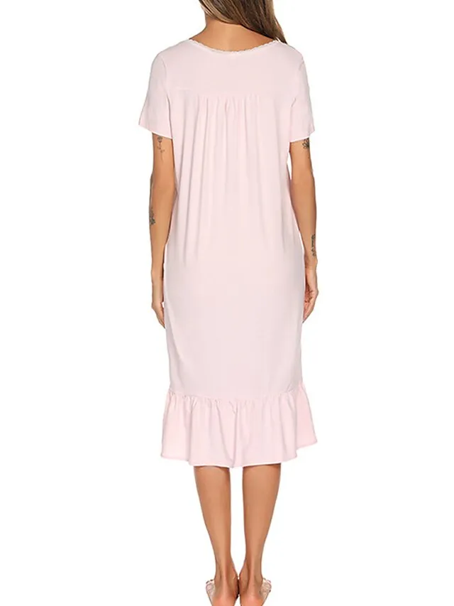 Women's Pajamas Nightgown Dress Pure Color Basic Simple Casual Home Daily Bed Cotton Breathable Square Neck Short Sleeve Dress Button Spring Summer White Pink