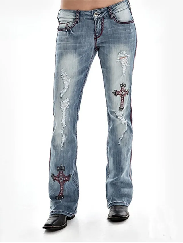 Women‘s Low Rise Jeans Pants Trousers Full Length Denim Micro-elastic Mid Waist Basic Halloween Daily Blue S M Spring, Fall, Winter, Summer