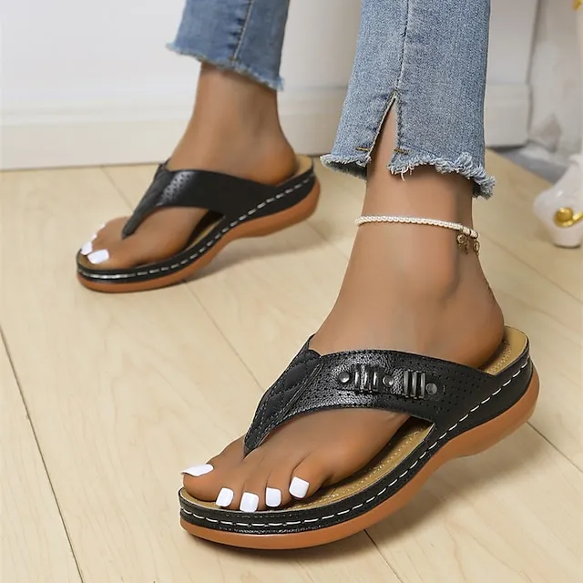 Women's Flip-Flops Flip-Flops Wedge Heel Open Toe Casual PU Leather Loafer Black Blue Brown