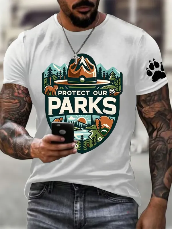 Men'S Protect Our National Parks Printed Round Neck T-Shirt