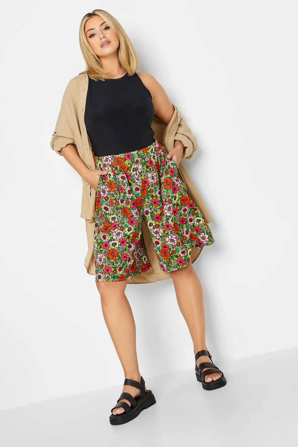 YOURS Curve Green Floral Print Pull On Shorts